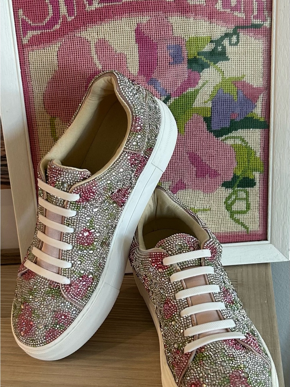 Betsey Johnson Women’s Pink Crystal Floral Sneakers - Fancy Fun Shoes